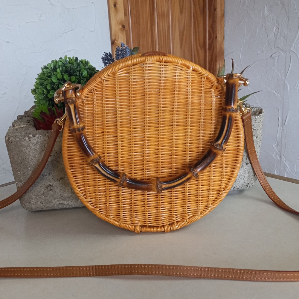 Serpui Marie, Destiny, Wicker Circle Cross Body Bag Size 8x8x2.5 in